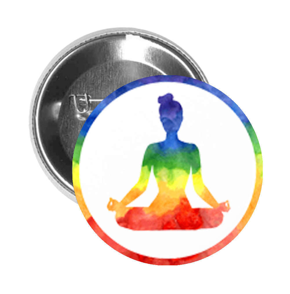 Round Pinback Button Pin Brooch Zen Peaceful Yogi Yoga Girl in Rainbow Ombre Paint