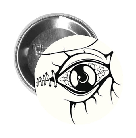 Round Pinback Button Pin Brooch Zombie Frankenstein Hand with Eye in Palm - Zoom