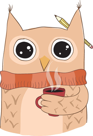 Zombie Owl Student with Coffee Cartoon #2 Vinyl Decal Sticker