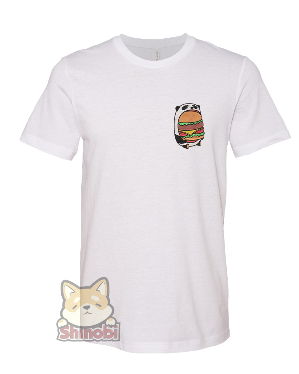 Medium & Large Size Unisex Short-Sleeve T-Shirt with Happy Cute Hungry Panda Eating Hamburger Patty Embroidery Sketch Design