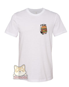 Small & Extra-Small Size Unisex Short-Sleeve T-Shirt with Happy Cute Hungry Panda Eating Hamburger Patty Embroidery Sketch Design