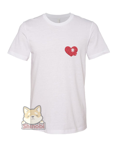 Medium & Large Size Unisex Short-Sleeve T-Shirt with Missing Puzzle Piece Of Red Heart Cartoon Autism Awareness Embroidery Sketch Design