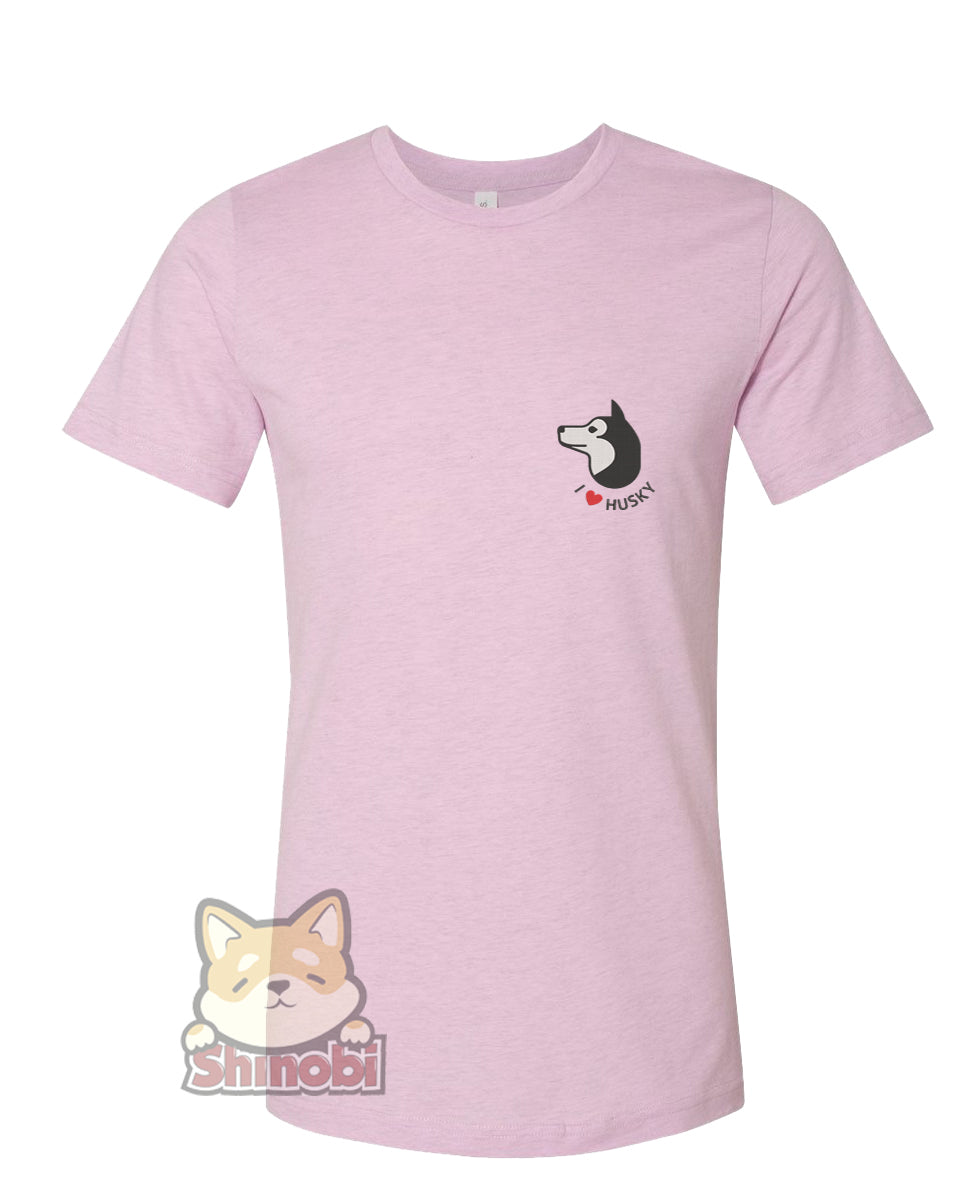 Medium & Large Size Unisex Short-Sleeve T-Shirt with I Love Husky Dog Embroidery Sketch Design