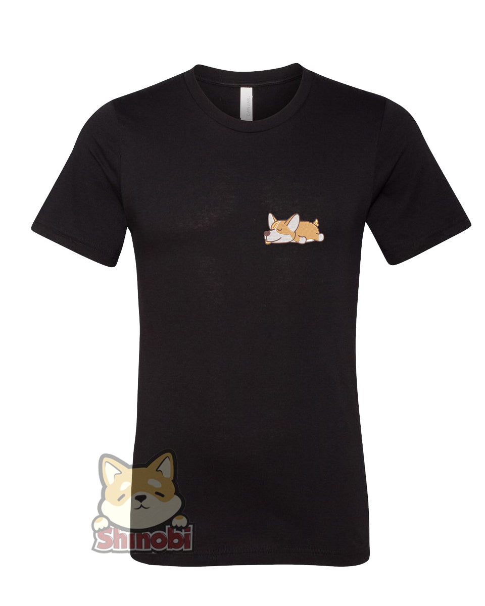 Small & Extra-Small Size Unisex Short-Sleeve T-Shirt with Cute Sleepy Lazy Tongue Out Corgi Puppy Dog Cartoon - Corgi Embroidery Sketch Design