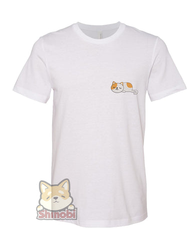 Medium & Large Size Unisex Short-Sleeve T-Shirt with Cute Sleepy Lazy Spotted Kitty Cat Cartoon - Cat Embroidery Sketch Design