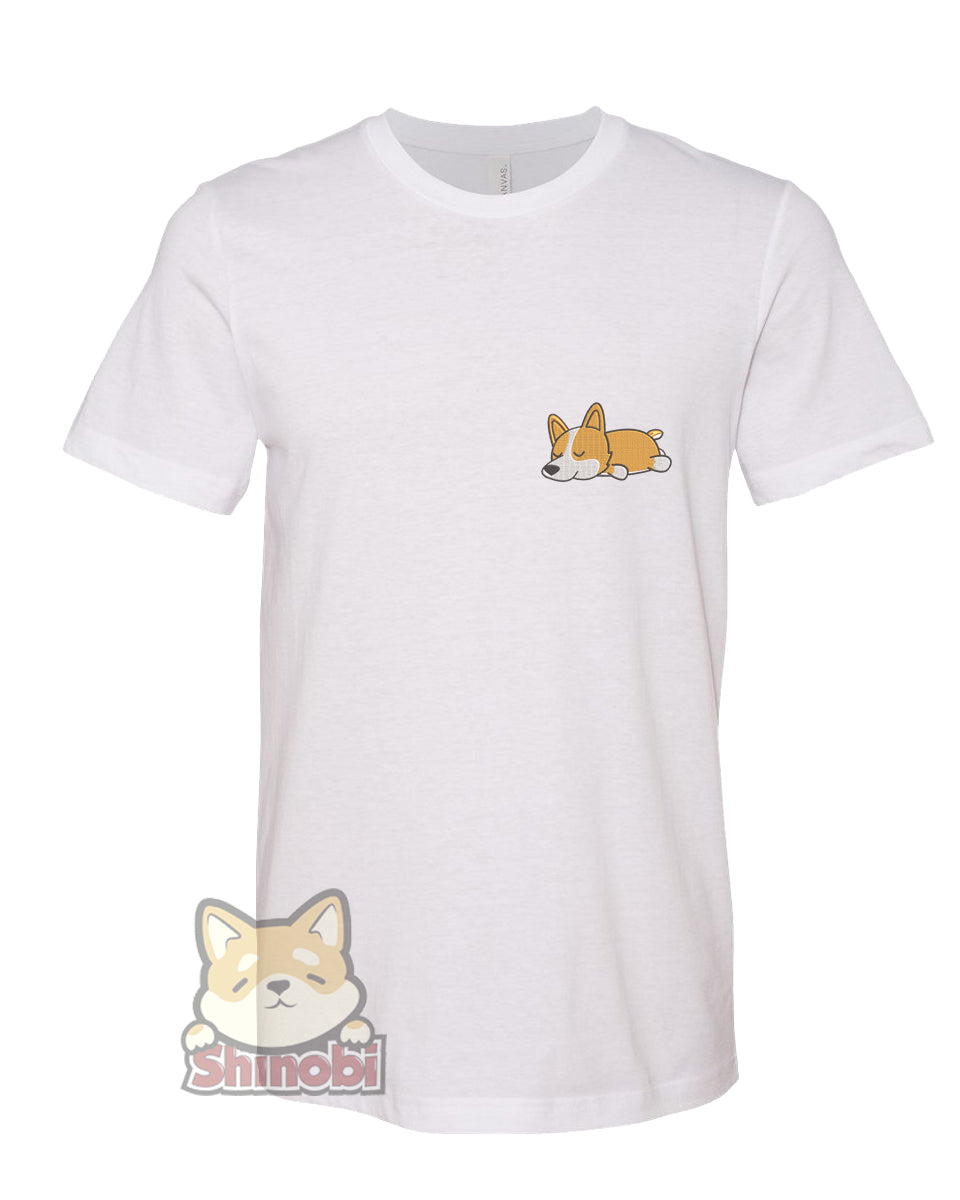Medium & Large Size Unisex Short-Sleeve T-Shirt with Cute Sleepy Lazy Silly Corgi Puppy Dog Cartoon - Corgi Cartoon Embroidery Sketch Design