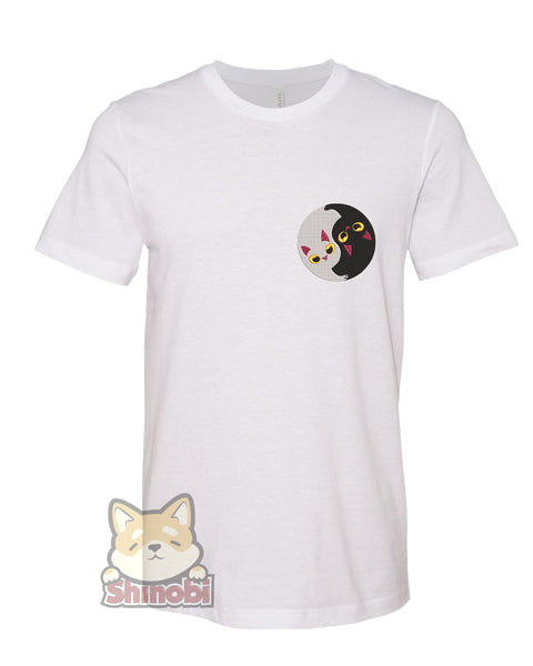 Medium & Large Size Unisex Short-Sleeve T-Shirt with Cute Girly Kitty Cat Lover Valentine Cartoon Icon - Yin Yang Paws Icon Embroidery Sketch Design
